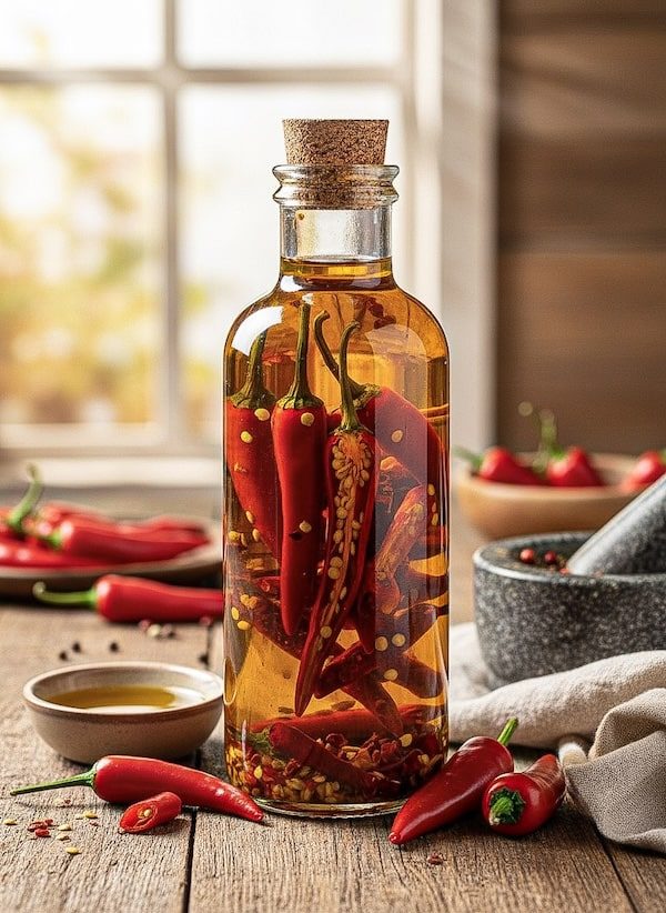Selbst angesetztes Chiliöl mit getrockneten Chilischoten in der Glasflasche