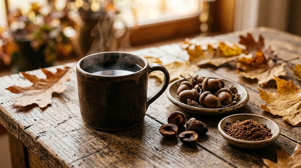 Eichelkaffee als koffeinfreie Kaffee-Alternative in der Tasse neben Eicheln