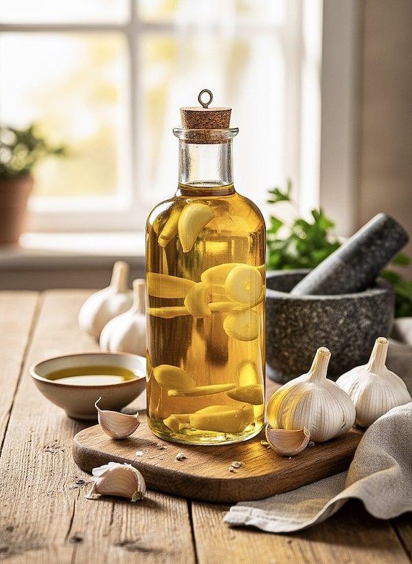 Selbst angesetztes Knoblauchöl mit Knoblauchzehen in der Flasche