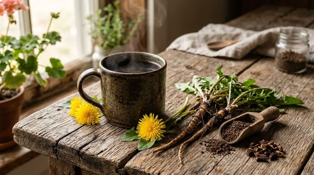 Löwenzahnkaffee aus gerösteter Löwenzahnwurzel als Kaffee-Alternative