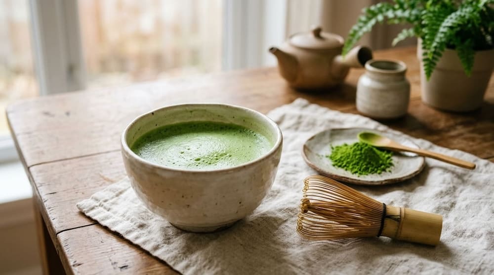 Matcha-Pulver und aufgeschlagener Matcha-Tee in der Schale