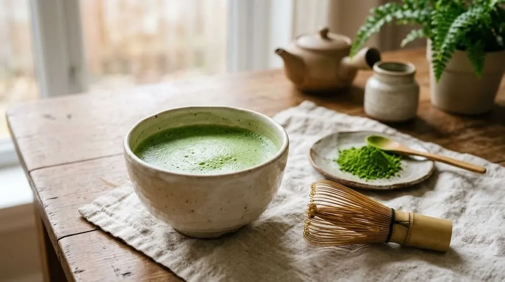 Matcha-Pulver und aufgeschlagener Matcha-Tee in der Schale