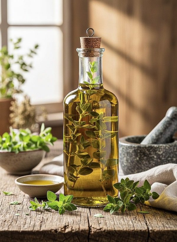 Selbst angesetztes Oreganoöl mit frischem Oregano in der Glasflasche