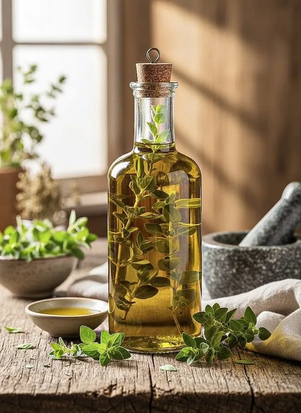 Selbst angesetztes Oreganoöl mit frischem Oregano in der Glasflasche