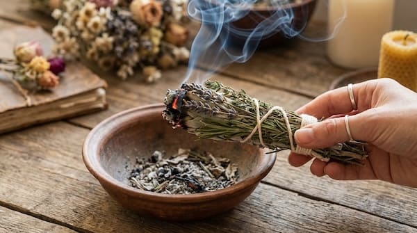 Gebundenes Räucherbündel aus getrockneten Kräutern