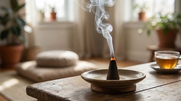 Selbst geformte Räucherkegel aus Kräuterpulver und Harz