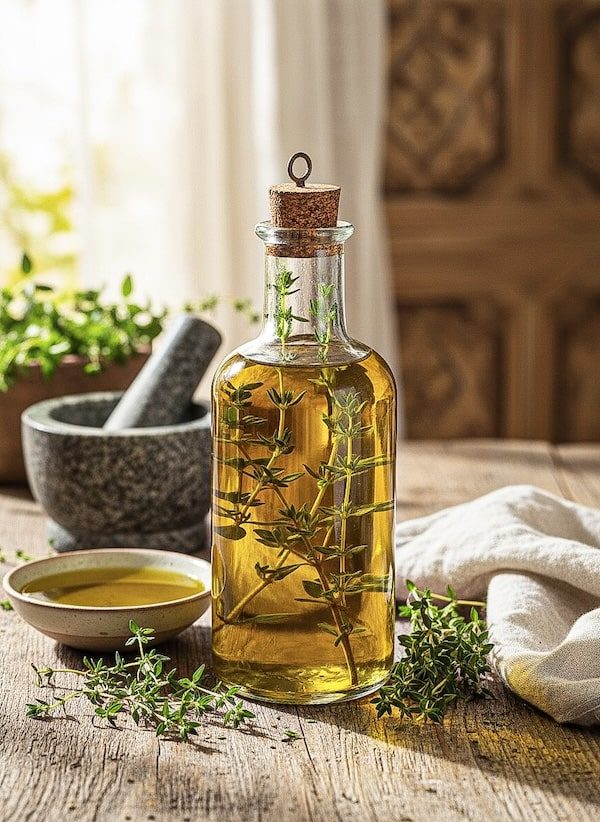 Selbst angesetztes Thymianöl mit frischem Thymian in der Flasche