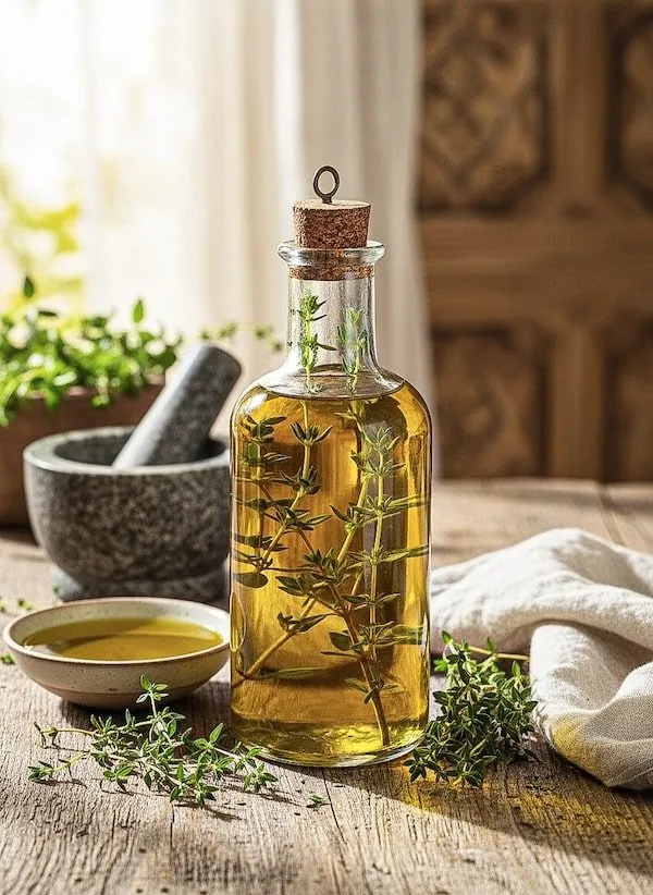 Selbst angesetztes Thymianöl mit frischem Thymian in der Flasche