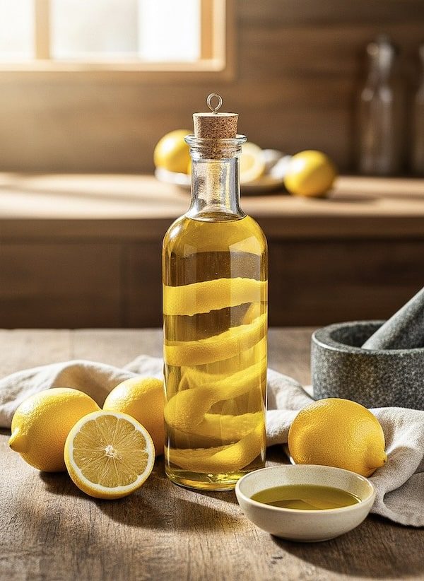 Selbst angesetztes Zitronenöl mit Zitronenschalen in der Flasche