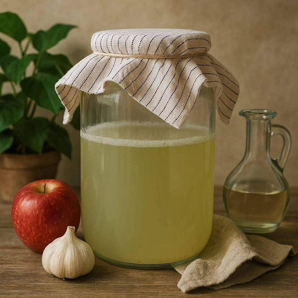 Selbst angesetzter Apfelessig im Gärglas mit Stofftuch, daneben Äpfel und Knoblauch Selbst angesetzter Apfelessig im Gärglas mit Stofftuch, daneben Äpfel und Knoblauch