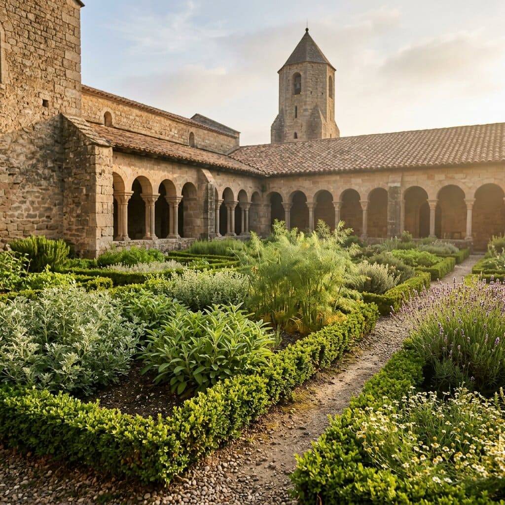 Klostergarten mit Kräuterbeeten im Kreuzgang – Heilkunde nach Hildegard von Bingen