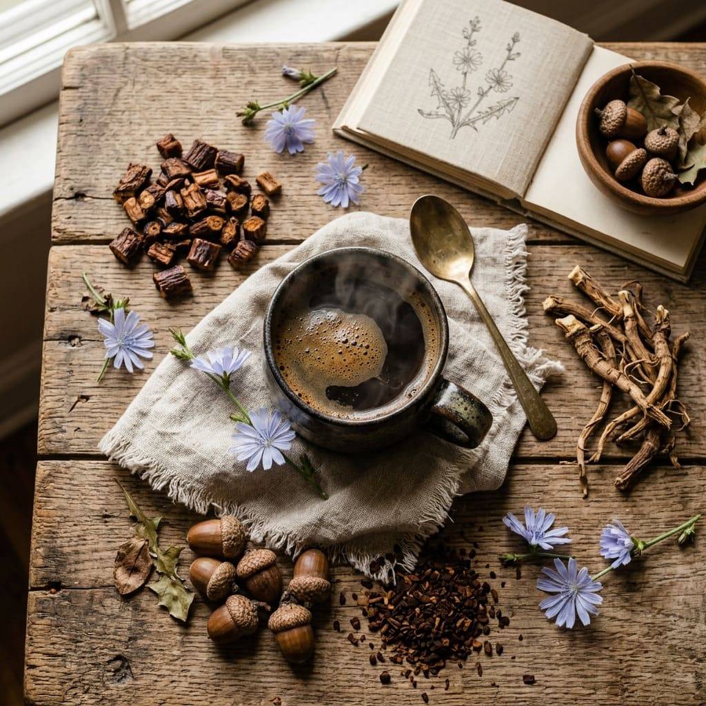 Zichorienkaffee in der Tasse mit Wegwartenblüten, gerösteten Wurzeln und Eicheln