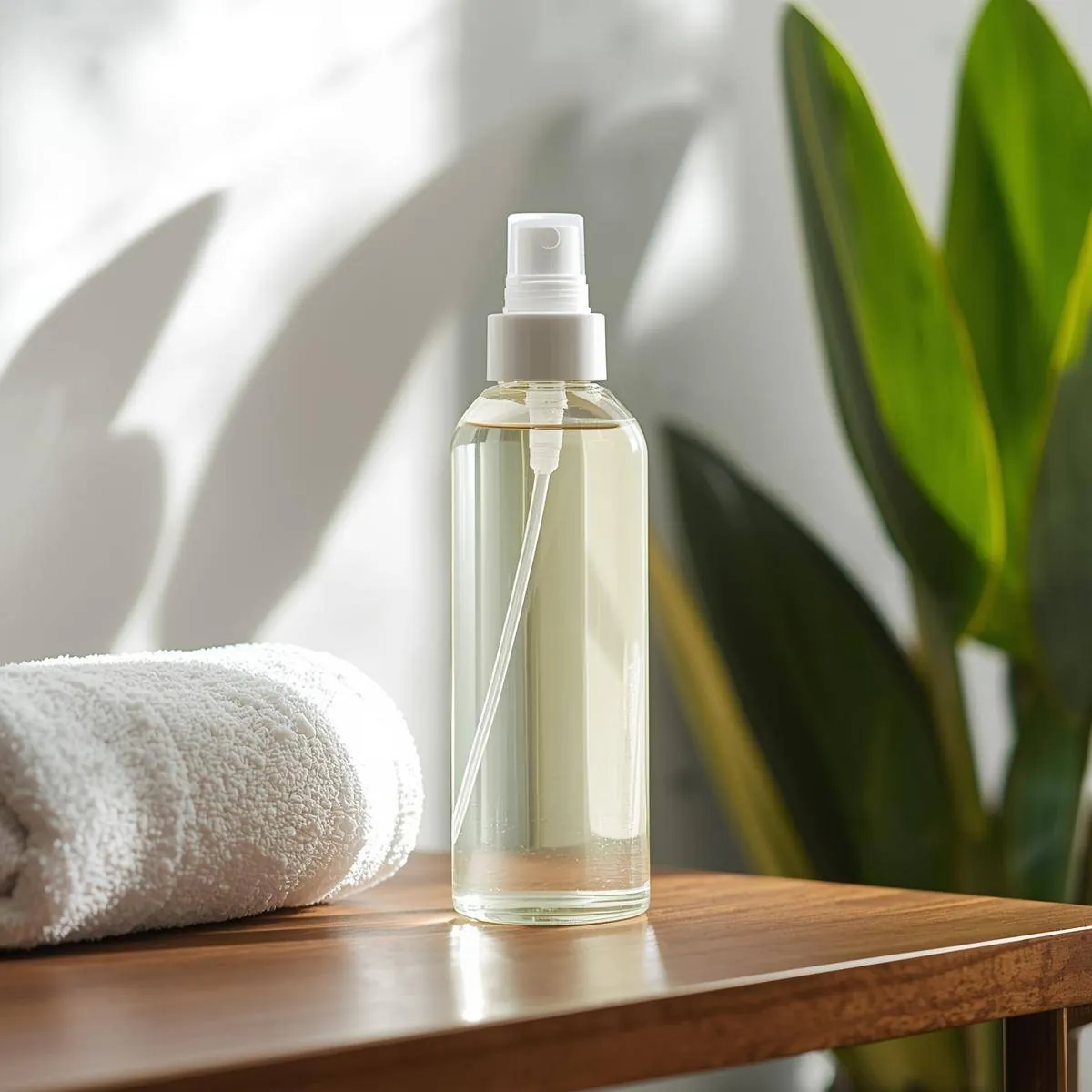 Saure Rinse als natürliche Haarspülung in der Sprühflasche neben einem Handtuch